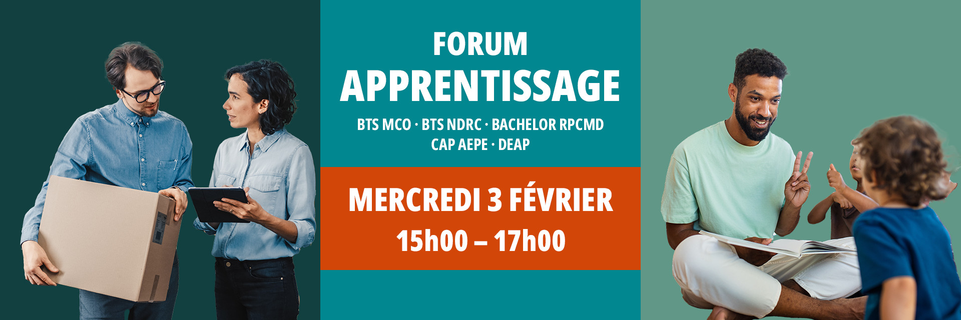 Forum apprentissage (BTS MCO, BTS NDRC, Bachelor RPCMD, CAP AEPE et DEAP) : mercredi 3 février 2027 de 15h à 17h au lycée la Martellière