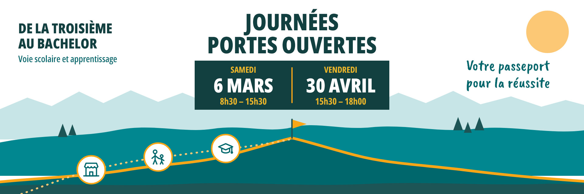 Journées portes ouvertes, de la troisième au Bachelor, voie scolaire et apprentissage : samedi 6 mars 2027 de 8h30 à 15h30 et vendredi 30 avril 2027 de 15h30 à 18h